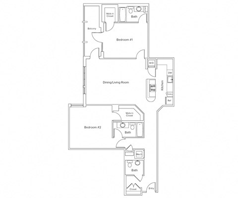 Floor plan for 2 beds, 2.5 baths, 1401 sqft